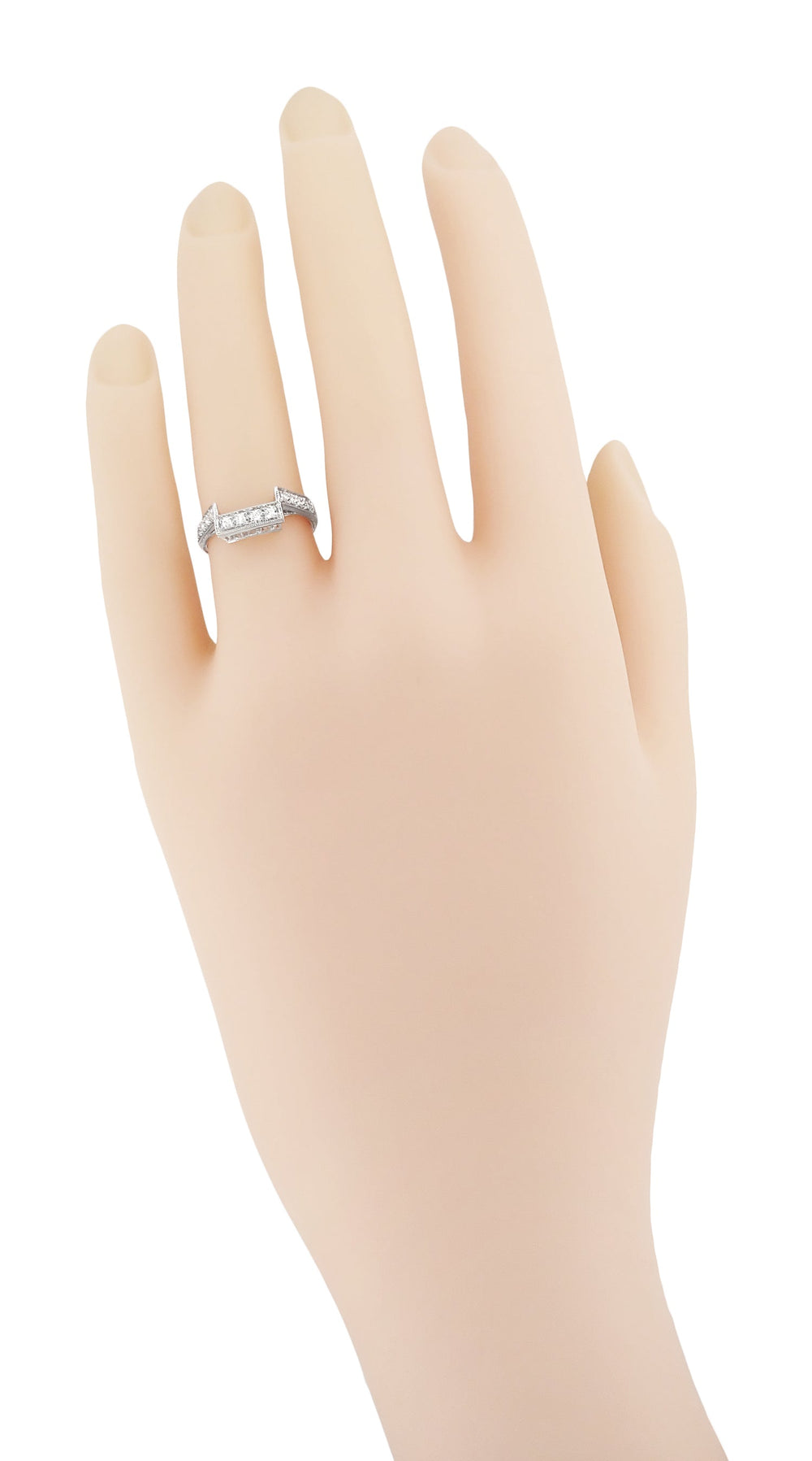 Hand Photo - Platinum Art Deco Castle Filigree Diamond Companion Vintage Wedding Ring - WR496