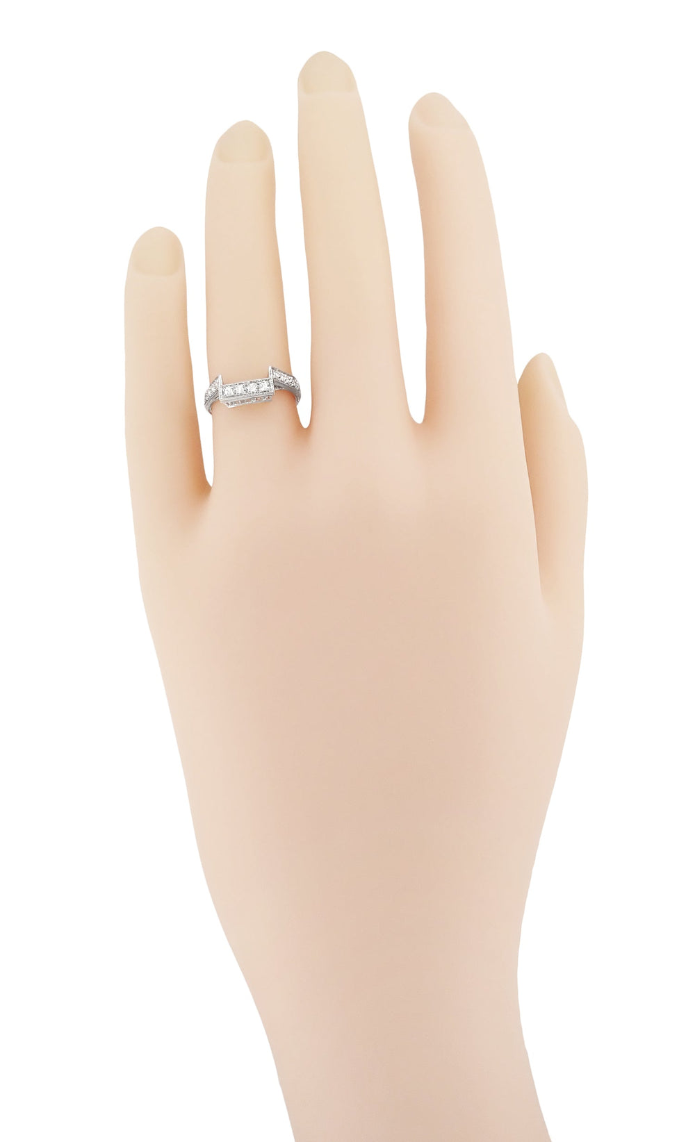 Ladies Hand with 1920s Vintage Design Art Deco Filigree Castle Diamond Notched Wedding Ring in White Gold - WR496