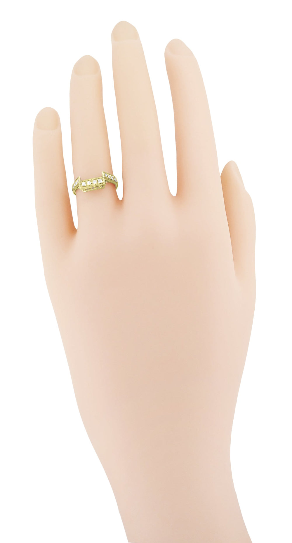 Womens Hand with Yellow Gold Art Deco Diamond Filigree Contoured Linear Vintage Style Wedding Ring - WR496Y