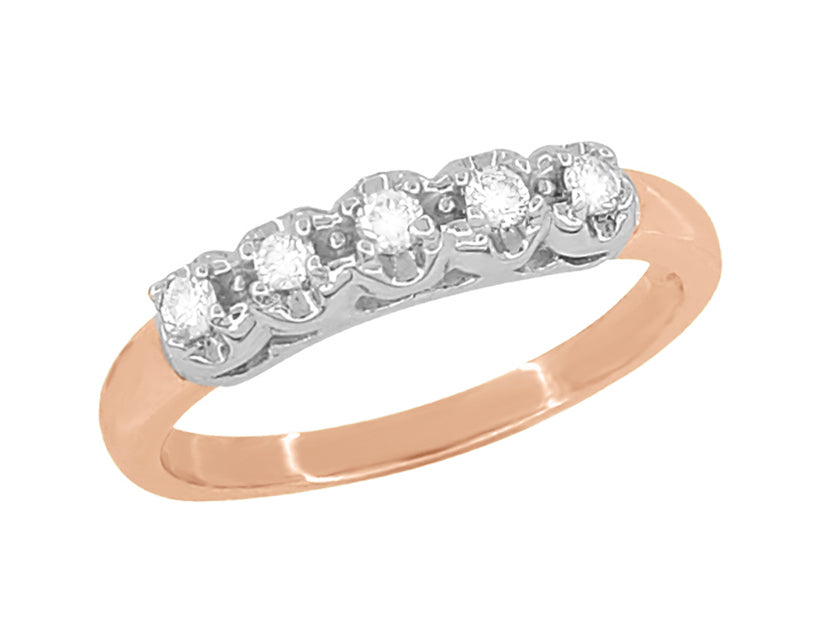 1950's Retro Modern 5 Diamond Wedding Band in Two-Tone 14 Karat Rose Gold and White Gold
