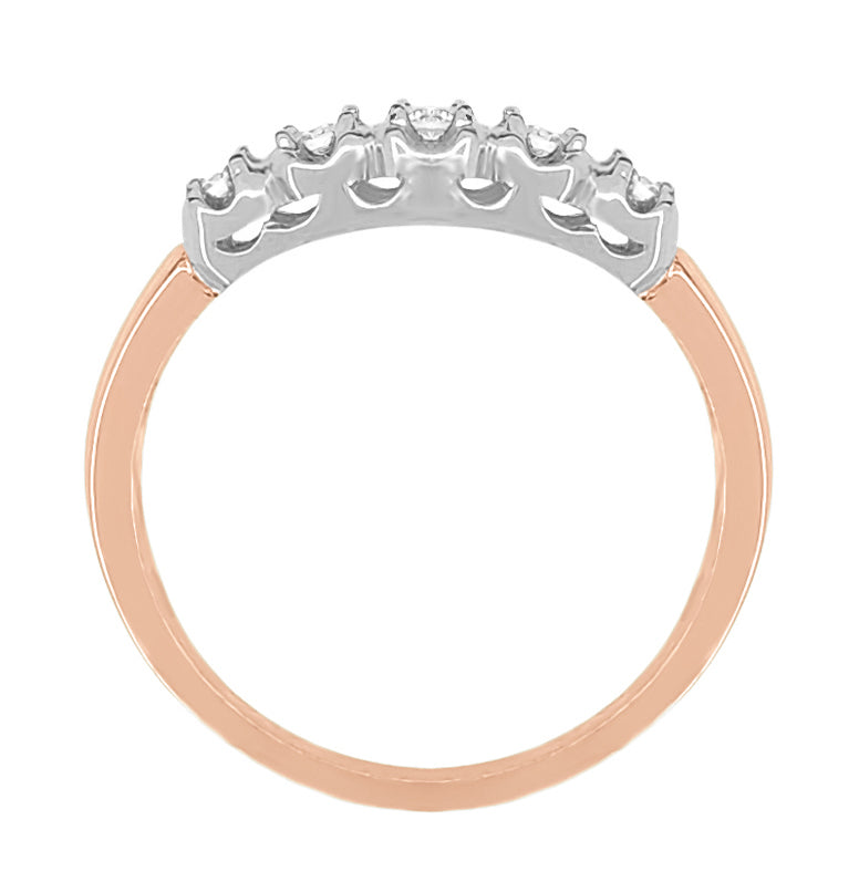 1950's Retro Modern 5 Diamond Wedding Band in Two-Tone 14 Karat Rose Gold and White Gold - Item: WR674R-LC - Image: 2