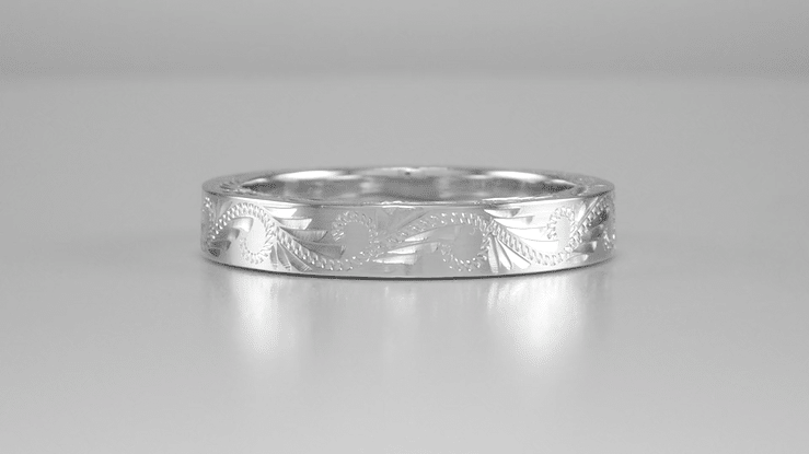 Hand Carved Leaves & Scrolls 5mm Wide Western Platinum Vintage Style Wedding Ring - Item: R1161P - Image: 4