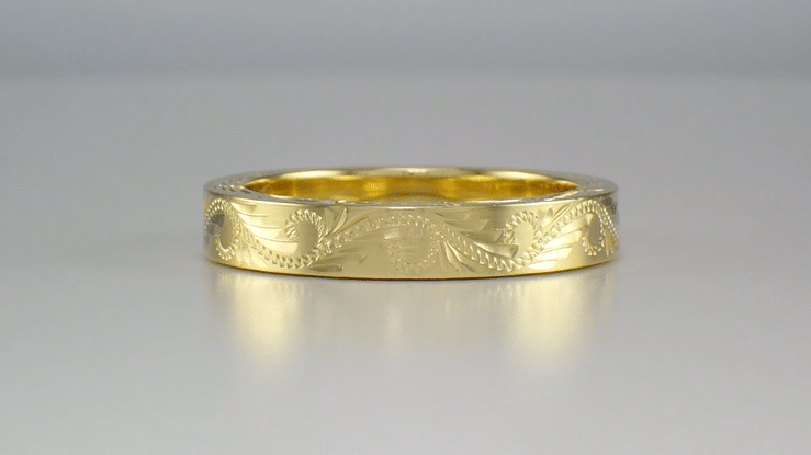 Western Hand Engraved Scrolls & Leaves Antique Style Wedding Band in Yellow Gold - 5mm Wide - Item: R1161Y10 - Image: 4
