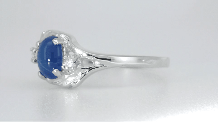 White Gold 1970s Vintage Style Oval Blue Star Sapphire Cabochon Bypass Ring with Side Diamonds - Item: R921WS - Image: 5