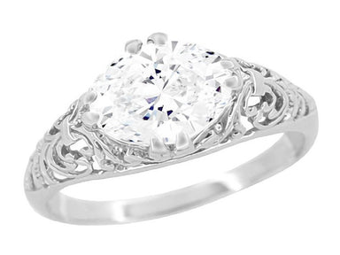Edwardian Filigree East West Oval Diamond Engagement Ring in 14 Karat White Gold - 1.10 Carat