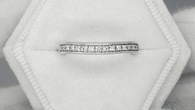 White Sapphire Curved Wedding Band in 14 Karat White Gold with Milgrain Edges - alternate view