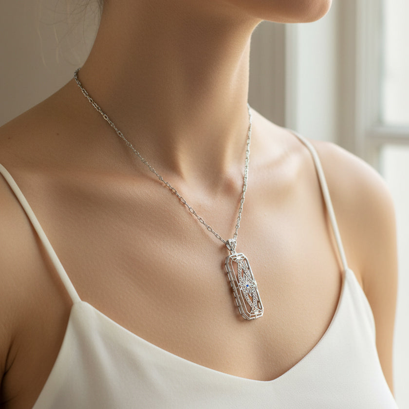 Art Deco Filigree Vintage Sapphire Ichthys Fish Necklace - Sterling Silver 1930's Pendant Design - Item: N161WS - Image: 5