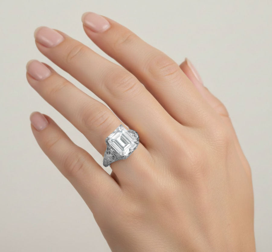 4 Carat Emerald Cut Lab Grown Diamond Edwardian Vintage-Inspired Engagement Ring in 14 Karat White Gold - Item: R618WD - Image: 5