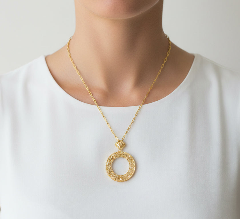 Art Deco Eternal Circle of Love Filigree Pendant Necklace in Sterling Silver with Yellow Gold Vermeil - Item: N170Y - Image: 5