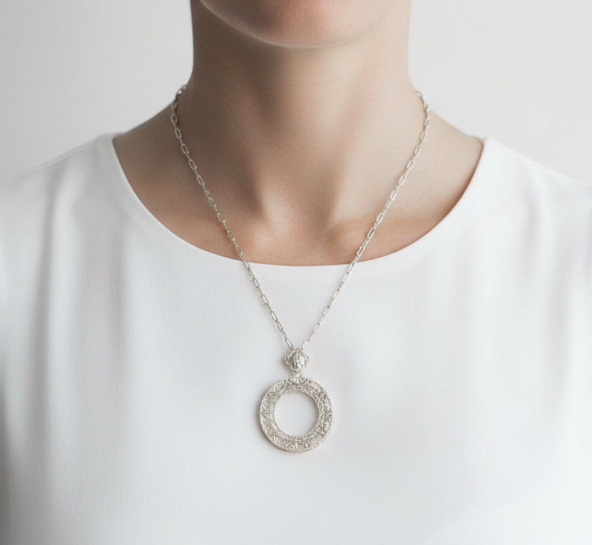 Art Deco Eternal Circle of Love Filigree Pendant Necklace in Sterling Silver - Item: N170W - Image: 5