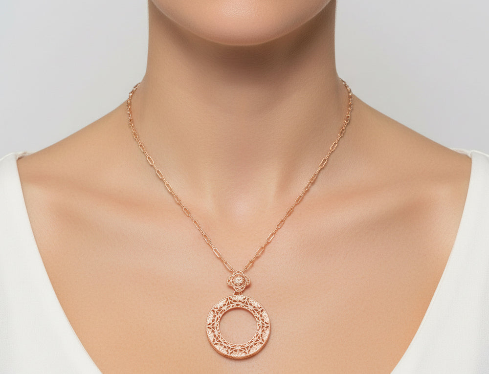 Art Deco Eternal Circle of Love Filigree Pendant Necklace in Sterling Silver with Rose Gold Vermeil - Item: N170R - Image: 5