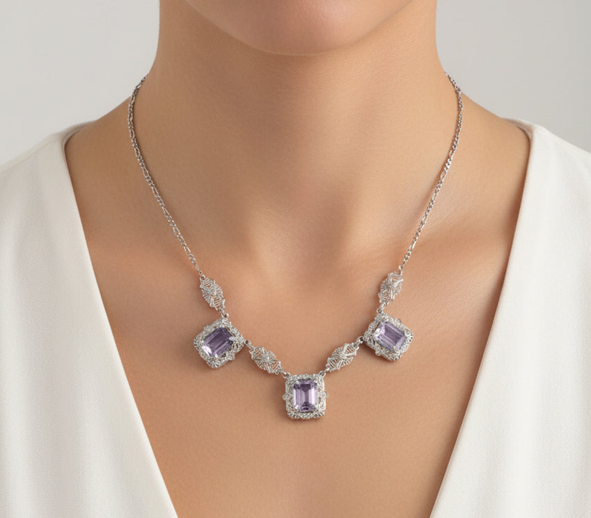 Art Deco Filigree Rose de France 3 Drop Necklace in Sterling Silver - Item: N140RF - Image: 4