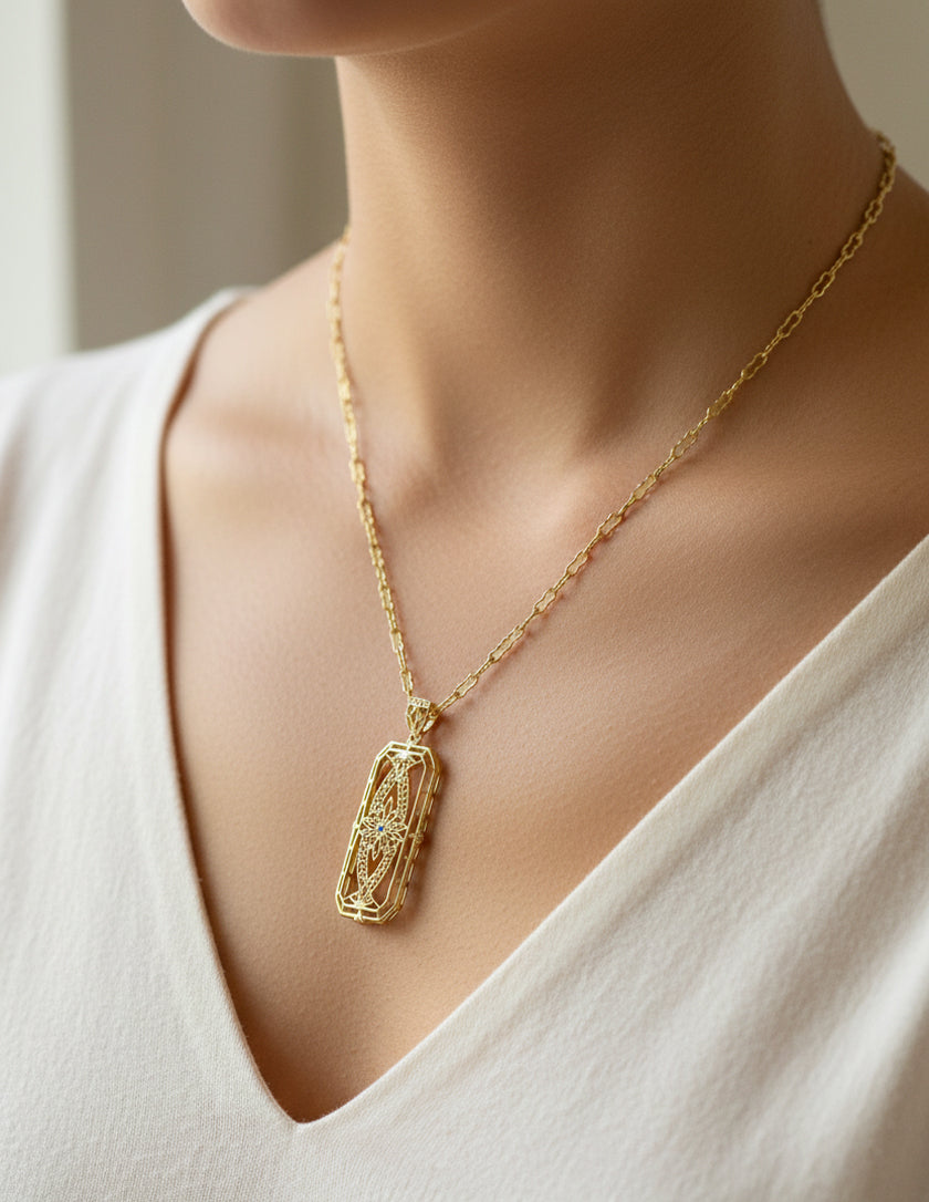 1930's Vintage Inspired Filigree Sapphire Ichthus Pendant in Yellow Gold Vermeil Over Sterling Silver - Item: N161YS - Image: 5