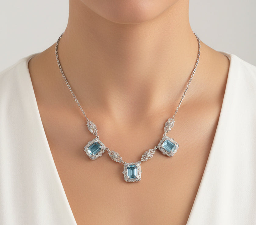 Art Deco Filigree Blue Topaz 3 Drop Necklace in Sterling Silver - Item: N140 - Image: 3