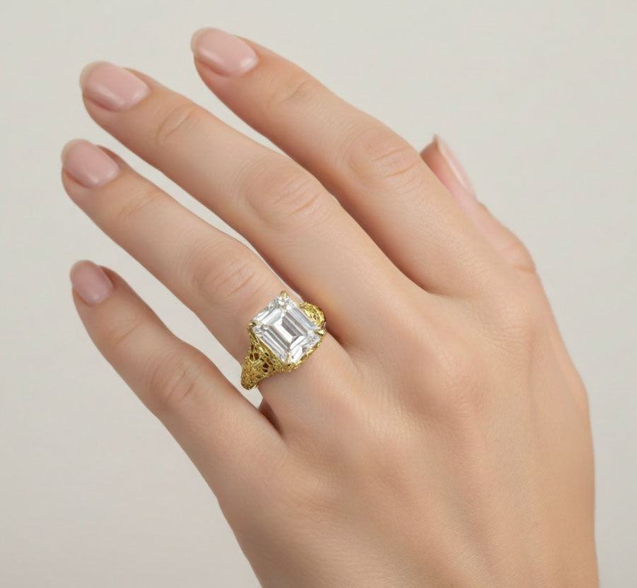 4 Carat Lab Grown Emerald Cut Diamond Solitaire Edwardian Filigree Vintage Style Engagement Ring in Yellow Gold - Item: R618YD-LC - Image: 5