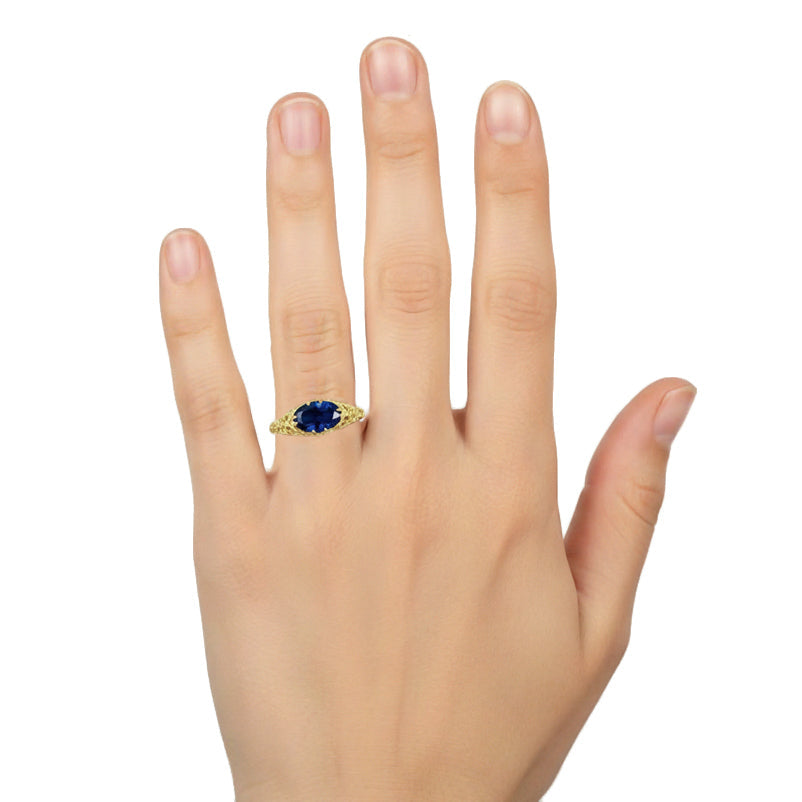 Yellow Gold Edwardian Filigree East to West Oval Blue Sapphire Solitaire Engagement Ring - Item: R799YS - Image: 5