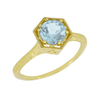 Art Deco Filigree Hexagonal 3/4 Carat Aquamarine Engagement Ring in 14K Yellow Gold