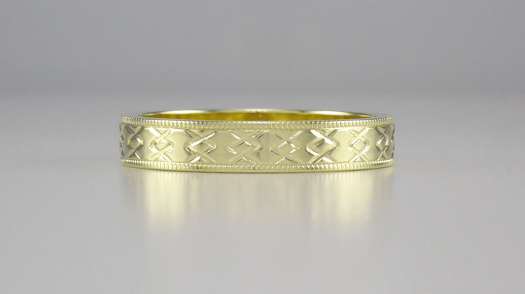 Yellow Gold 1950's Mid Century Modern Carved Interlocking Chevrons Wedding Ring - 4mm - Item: R803Y10 - Image: 5