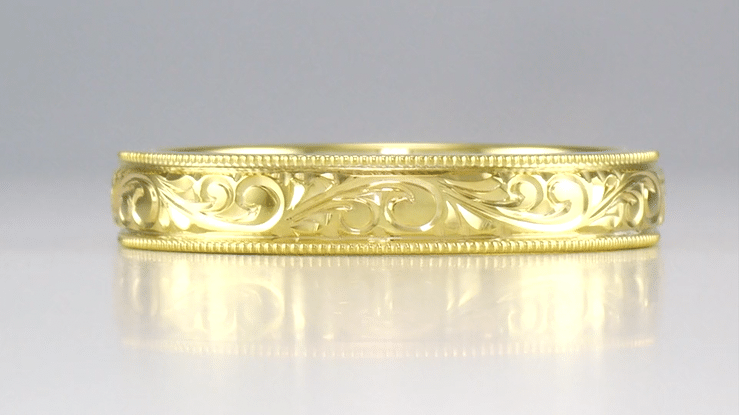 Yellow Gold 4mm Wide Vintage Carved Acanthus Victorian Wedding Band for a Man - Item: R1235MY - Image: 5