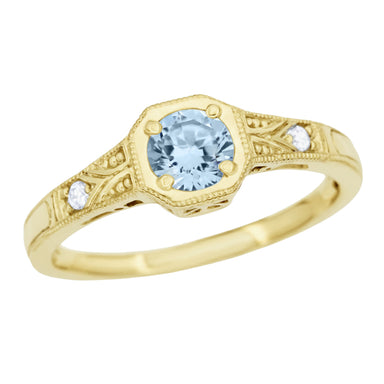 1930's Vintage Style Art Deco Filigree Aquamarine Engagement Ring with Side Diamonds in Yellow Gold - alternate view