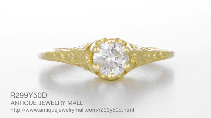 Art Deco Crown of Leaves Filigree Solitaire Diamond Engagement Ring in Yellow Gold - Item: R299Y50DK14-LC - Image: 6