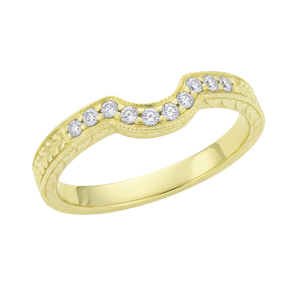 Engraved Contoured Royal Crown Diamond Wedding Band in 14K or 18K Yellow Gold - Item: WR460Y14K1D-LC - Image: 2