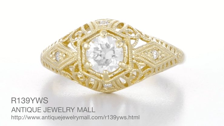 Antique Style White Sapphire Scroll Dome Filigree Edwardian Engagement Ring in 14 Karat Yellow Gold - Item: R139YWS - Image: 6