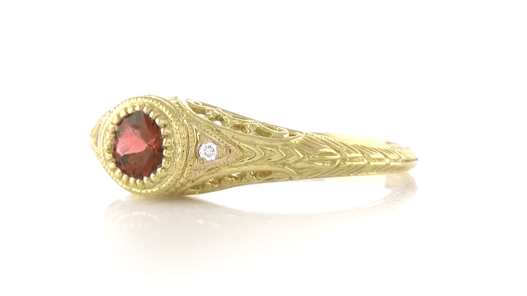 Yellow Gold Art Deco Engraved Almandite Garnet Filigree Engagement Ring With Side Diamonds - Item: R138YAG14 - Image: 6
