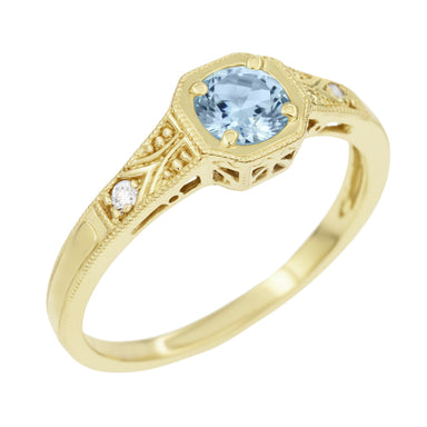 1930's Vintage Style Art Deco Filigree Aquamarine Engagement Ring with Side Diamonds in Yellow Gold