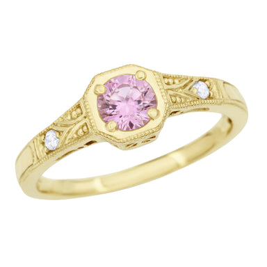 Yellow Gold Art Deco Filigree Natural Pink Sapphire Engagement Ring with Side Diamonds - 14K or 18K
