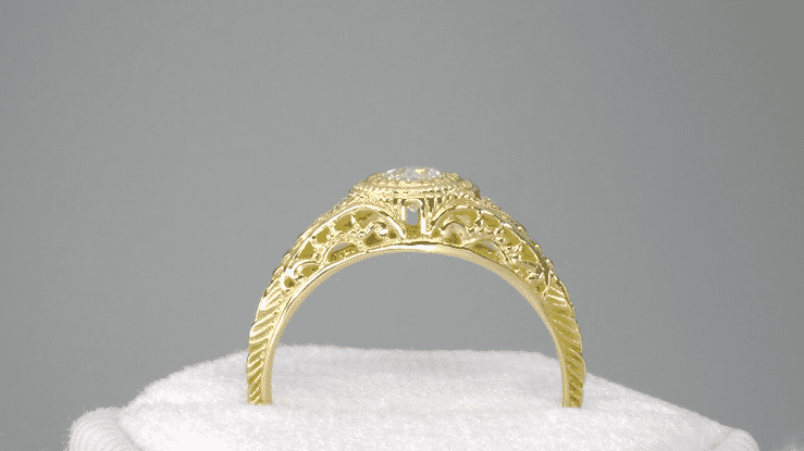 Yellow Gold Art Deco Filigree White Sapphire Engagement Ring - Low Profile Design - Item: R138YWS14 - Image: 5