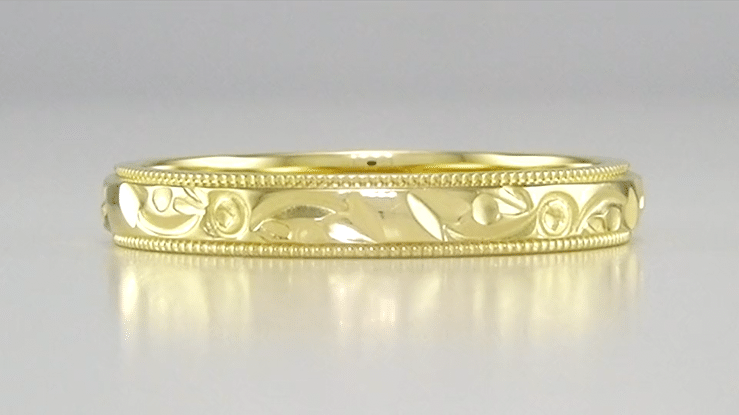 Yellow Gold Art Deco Leaves and Flowers Millgrain Edge Engraved Wedding Band - 3mm Width - Item: R625Y10 - Image: 4