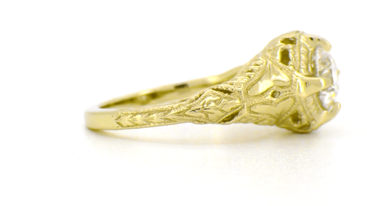 14 Karat Yellow Gold Art Deco White Sapphire Engraved Filigree Engagement Ring - Item: R161Y75WS - Image: 5