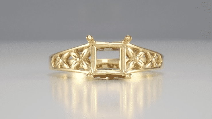 Yellow Gold Art Nouveau 1905 Design Flowers & Leaves Filigree Engagement Ring Mounting for a 3/4 - 1 Carat Diamond - Item: R988Y - Image: 3