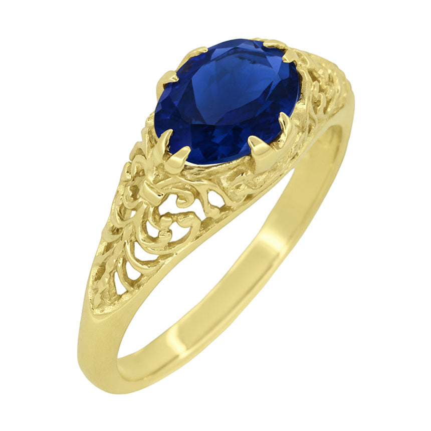 Yellow Gold Edwardian Filigree East to West Oval Blue Sapphire Solitaire Engagement Ring - Item: R799YS - Image: 2