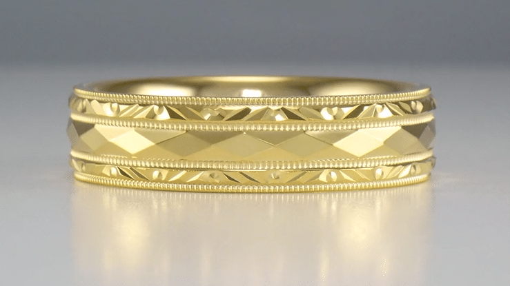 Yellow Gold Engraved Kaleidoscope Vintage Retro Design Wide Wedding Band - 6mm - Item: R859Y10 - Image: 6
