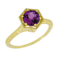 3/4 Carat Amethyst Art Deco Engraved Hexagon Filigree Ring in 14 Karat Yellow Gold