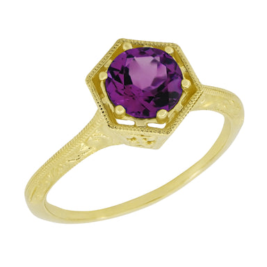 Yellow Gold 3/4 Carat Amethyst Soltiaire Antique Art Deco Engraved Hexagon Filigree Ring - R233Y