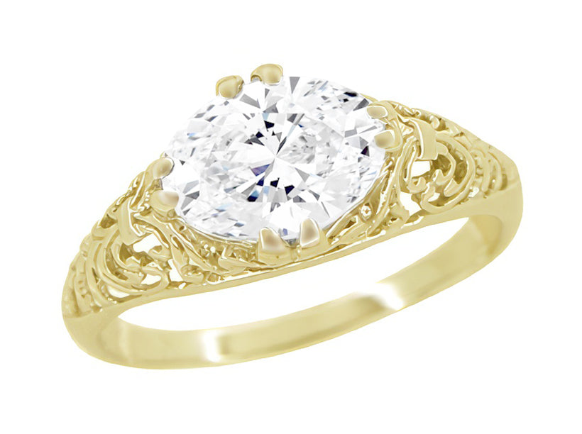 Yellow Gold Edwardian Scroll Filigree East to West Oval Diamond Engagement Ring - 1.30 Carat