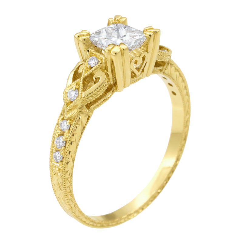 Yellow Gold Loving Hearts 1 Carat Princess Cut Diamond Antique Style Engraved Art Deco Engagement Ring