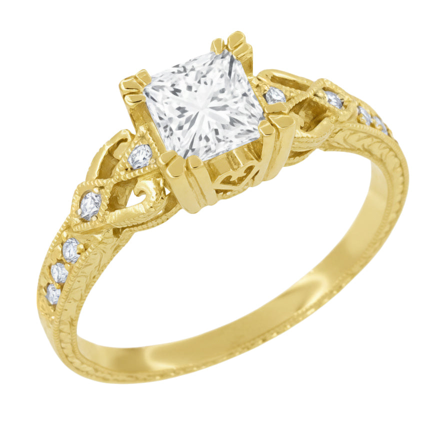 Yellow Gold Loving Hearts 1 Carat Princess Cut Diamond Antique Style Engraved Art Deco Engagement Ring - Item: R459Y1D14K-LC - Image: 3
