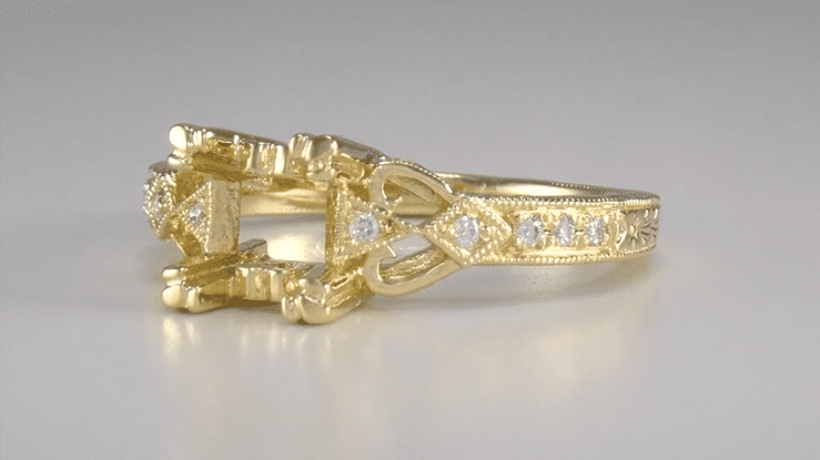 Yellow Gold Loving Hearts Art Deco Engraved Antique Style Engagement Ring Setting for a 1 Carat Princess Cut or Round Diamond - Item: R459Y1K14-LC - Image: 6
