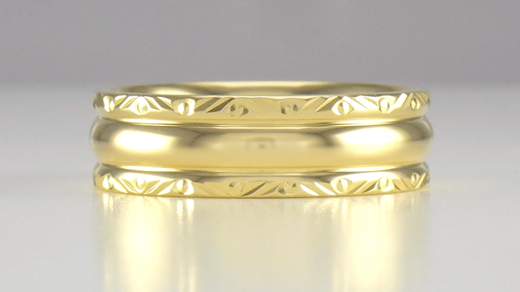 Mid Century Modern Circles and Chevrons Retro Engraved 6mm Wide Wedding Band in Yellow Gold - Item: R860Y10 - Image: 4