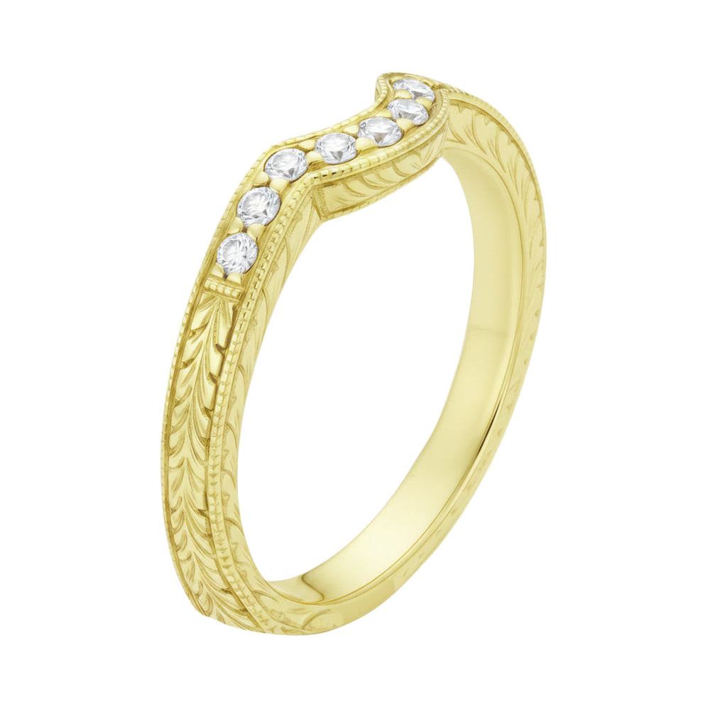 Engraved Contoured Royal Crown Diamond Wedding Band in 14K or 18K Yellow Gold - Item: WR460Y14K1D-LC - Image: 3
