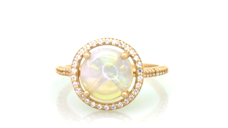 Yellow Gold Cabochon Round Opal Ring with Halo Side Diamonds - 2.60 Carat Opal - Grisey's Ring - Item: R1218Yo - Image: 6