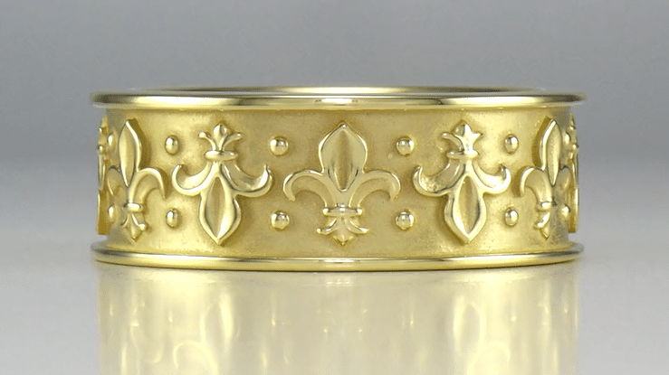 Yellow Gold Sculptural Antique Style Fleur-de-Lis Wedding Band - 8mm Wide - Item: R840Y - Image: 2