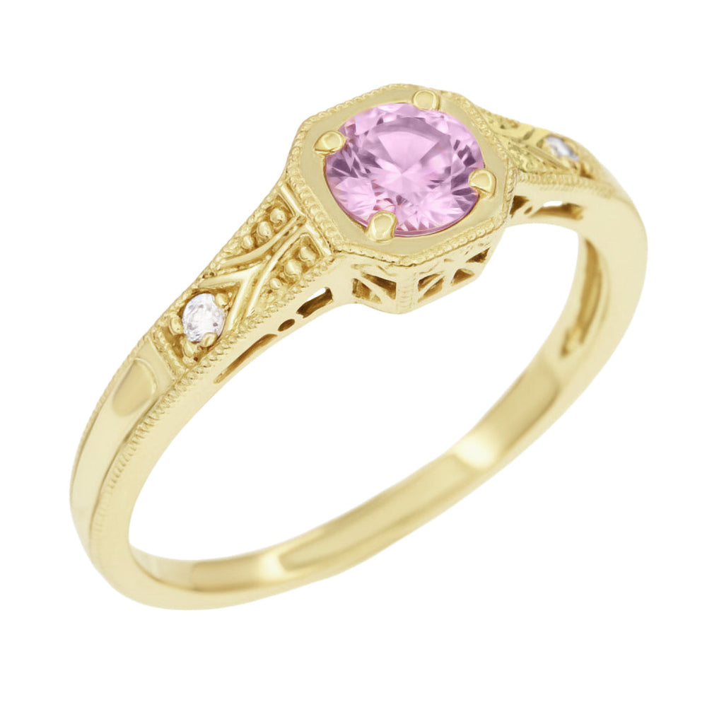 Yellow Gold Art Deco Filigree Natural Pink Sapphire Engagement Ring with Side Diamonds - 14K or 18K - Item: R298YPS - Image: 3
