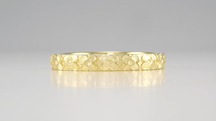 Yellow Gold Hawaiian Hibiscus Flowers Heirloom Carved Wedding Ring - 3mm Wide - Item: R668Y10 - Image: 3