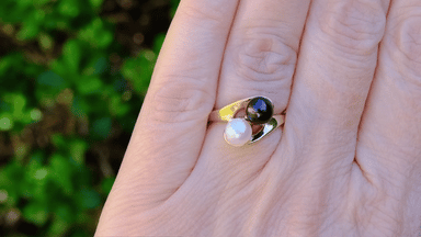 Yin and Yang Black and White Pearl Bypass Ring in Yellow Gold - alternate view