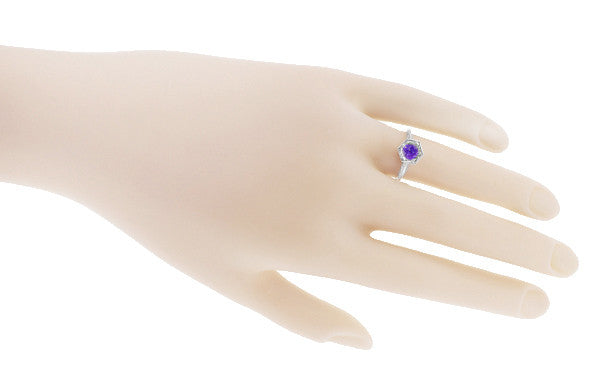 Hexagon Art Deco 3/4 Carat Amethyst Engraved Filigree Engagement Ring in 14K White Gold - Item: R233 - Image: 4